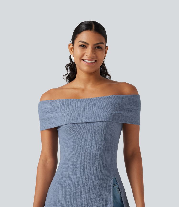Off Shoulder Short Sleeve Split Hem Casual Top