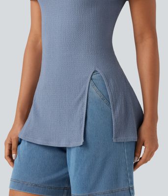 Off Shoulder Short Sleeve Split Hem Casual Top