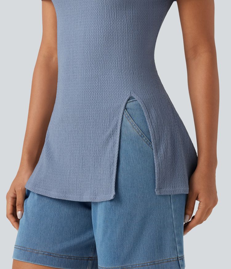 Off Shoulder Short Sleeve Split Hem Casual Top