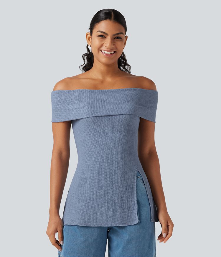 Off Shoulder Short Sleeve Split Hem Casual Top