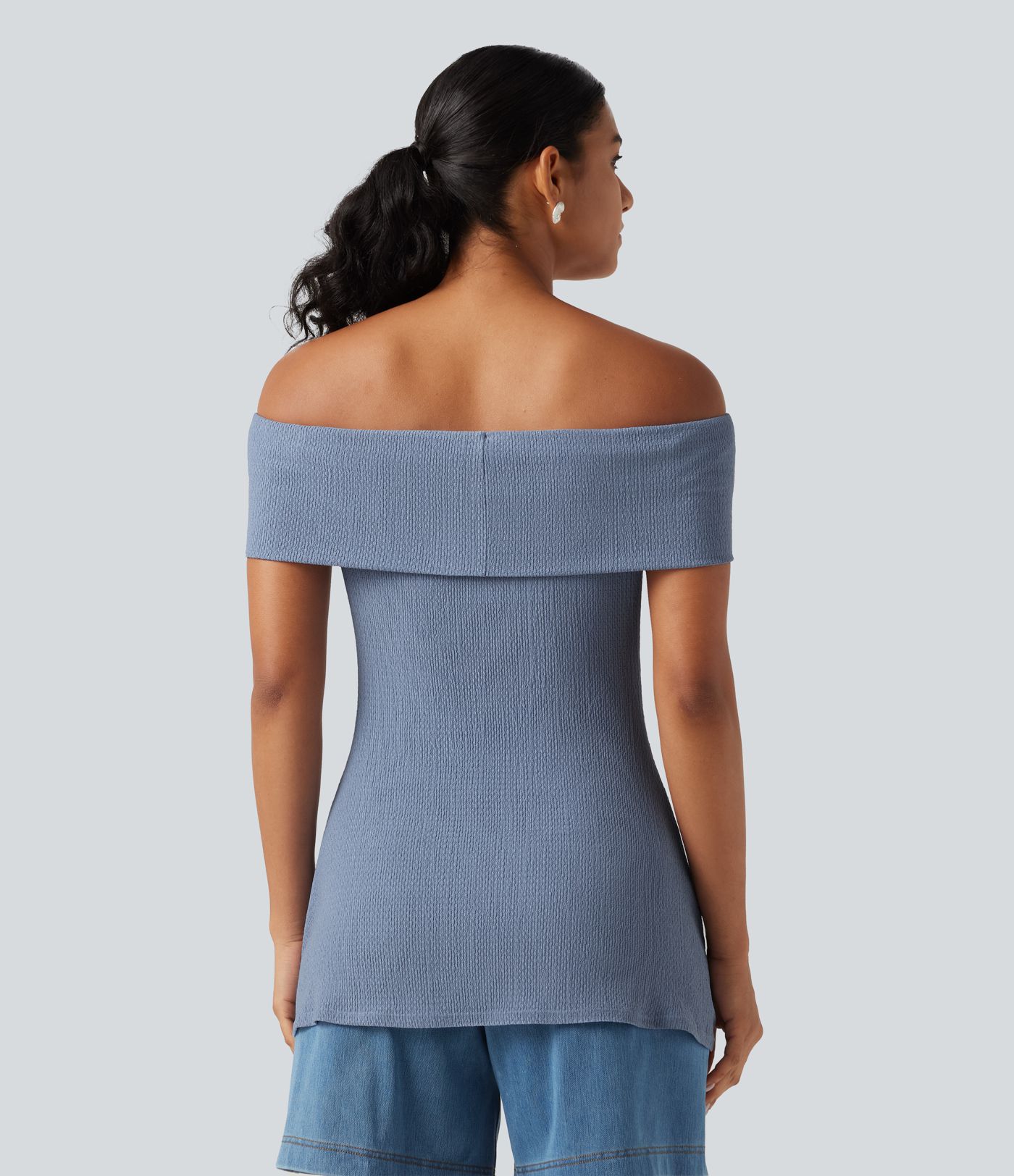 Off Shoulder Short Sleeve Split Hem Casual Top