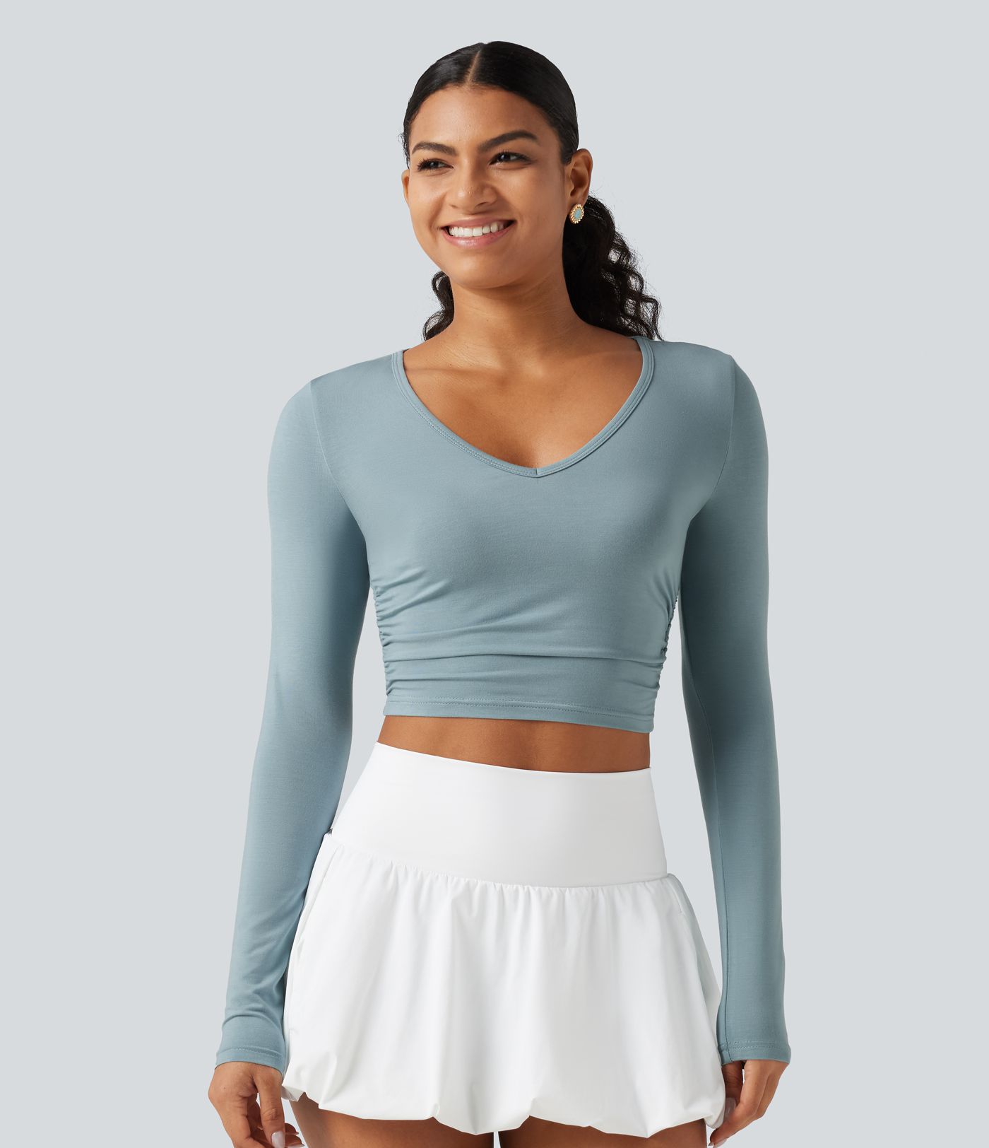 V Neck Long Sleeve Cropped Casual T-Shirt