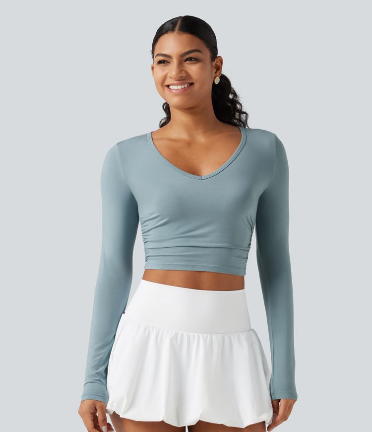 V Neck Long Sleeve Cropped Casual T-Shirt