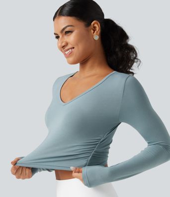V Neck Long Sleeve Cropped Casual T-Shirt
