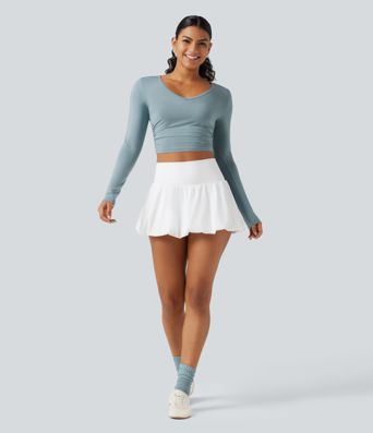 V Neck Long Sleeve Cropped Casual T-Shirt