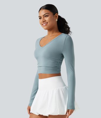 V Neck Long Sleeve Cropped Casual T-Shirt