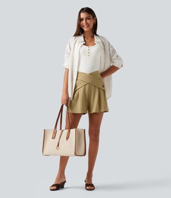 Super High Waisted Crossover Work Shorts 4'' with Pockets