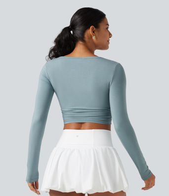 V Neck Long Sleeve Cropped Casual T-Shirt