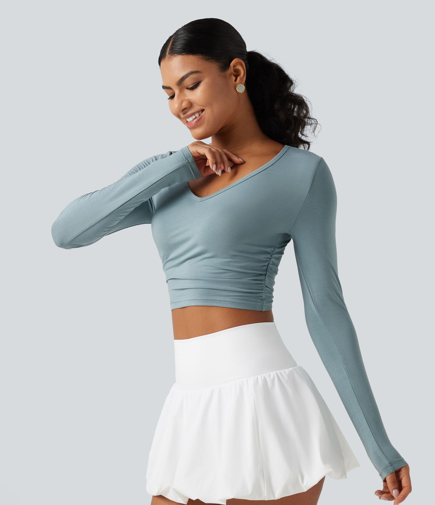 V Neck Long Sleeve Cropped Casual T-Shirt