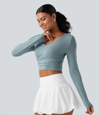 V Neck Long Sleeve Cropped Casual T-Shirt
