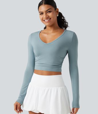 V Neck Long Sleeve Cropped Casual T-Shirt