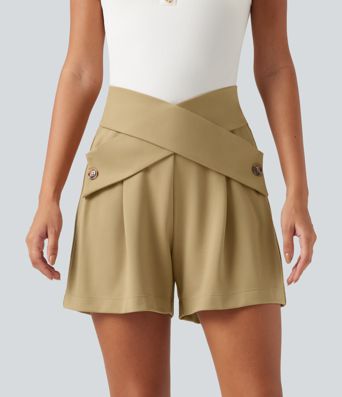 Super High Waisted Crossover Work Shorts 4'' with Pockets