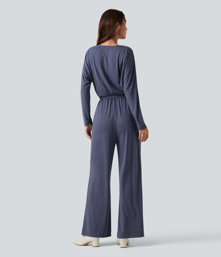 Büro-Jumpsuit mit V-Ausschnitt, Seitentaschen und langen Ärmeln Büro-Jumpsuit mit V-Ausschnitt, Seitentaschen und langen Ärmeln