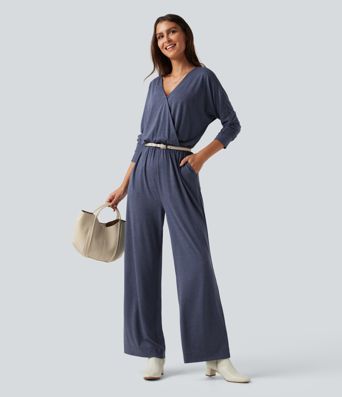 Büro-Jumpsuit mit V-Ausschnitt, Seitentaschen und langen Ärmeln Büro-Jumpsuit mit V-Ausschnitt, Seitentaschen und langen Ärmeln