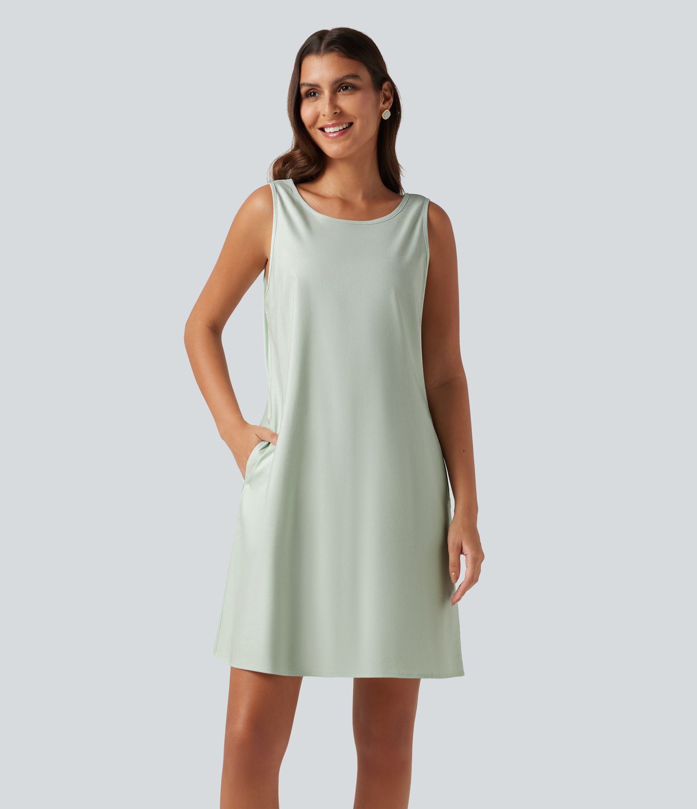 Round Neck Sleeveless Cotton Linen Mini Casual Dress with Pockets