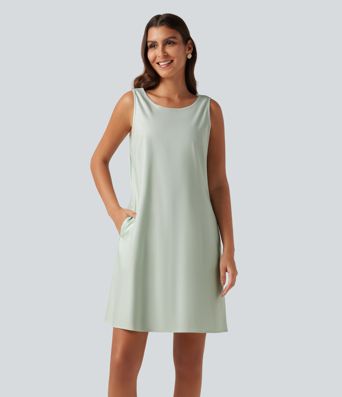 Round Neck Sleeveless Cotton Linen Mini Casual Dress with Pockets