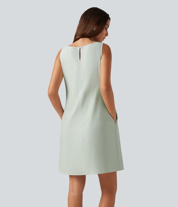 Round Neck Sleeveless Cotton Linen Mini Casual Dress with Pockets Round Neck Sleeveless Cotton Linen Mini Casual Dress with Pockets