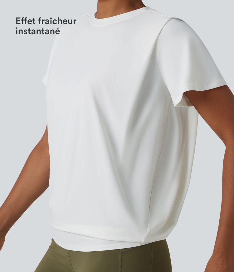 Haut de sport col rond manches courtes effet frais InstantCool avec fronces, protection solaire UPF50+ Haut de sport col rond manches courtes effet frais InstantCool avec fronces, protection solaire UPF50+