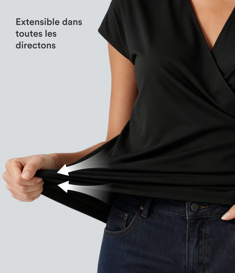 Blouse Travail Unie Froncée Croisée Manches Courtes Col en V