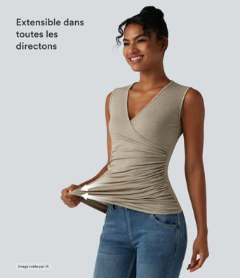 Débardeur décontracté à encolure en V, croisé et froncé