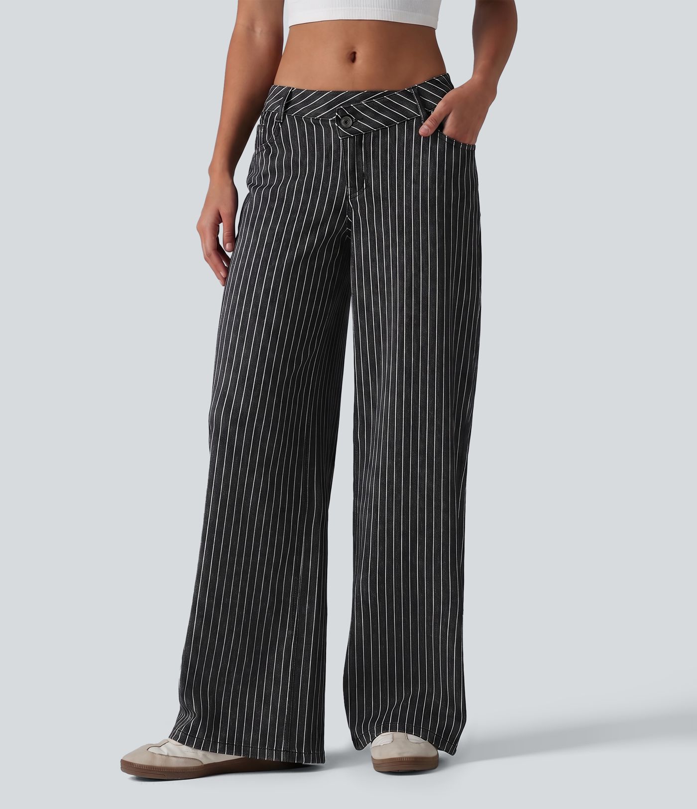 Halara Flex™ Asymmetric Low Rise Wide Leg Stripe Work Jeans with Pockets Halara Flex™ Asymmetric Low Rise Wide Leg Stripe Work Jeans with Pockets