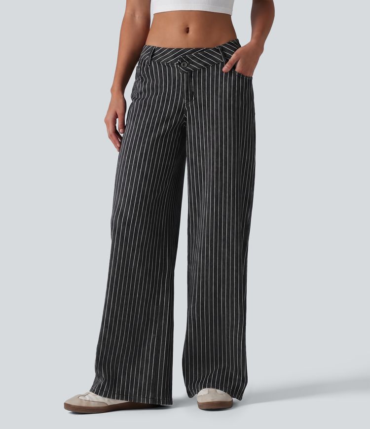 Halara Flex™ Asymmetric Low Rise Wide Leg Stripe Work Jeans with Pockets Halara Flex™ Asymmetric Low Rise Wide Leg Stripe Work Jeans with Pockets