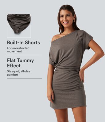 One Shoulder Short Sleeve Ruched Tummy Control 2-in-1 Mini Casual Dress