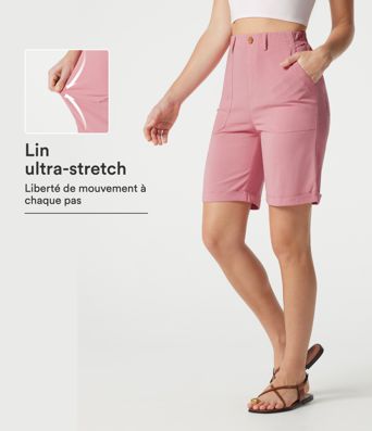 Bermuda casual taille haute en lin stretch avec ourlets retroussés et poches