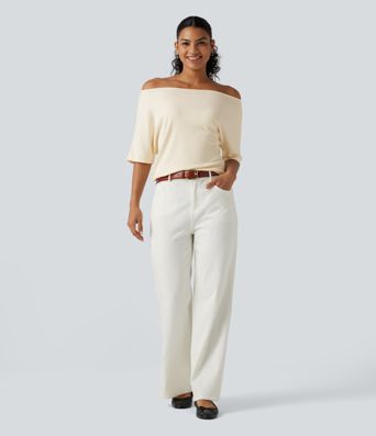 Ribbed Knit Off Shoulder Batwing Sleeve Casual Top
