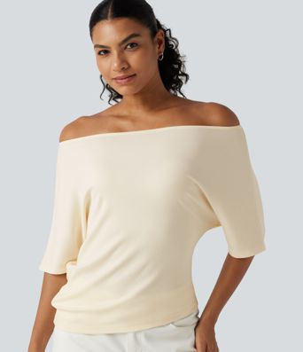 Ribbed Knit Off Shoulder Batwing Sleeve Casual Top
