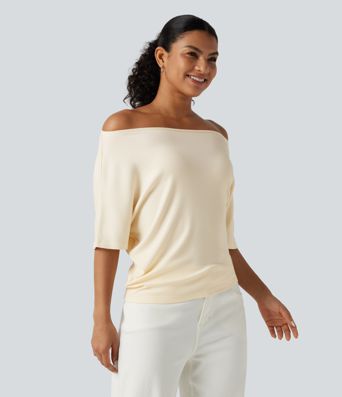 Ribbed Knit Off Shoulder Batwing Sleeve Casual Top