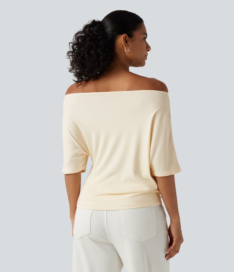 Ribbed Knit Off Shoulder Batwing Sleeve Casual Top