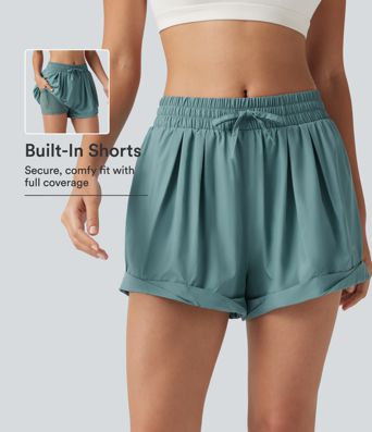 Mid Rise Drawstring 2-in-1 Baggy Running Shorts with Pocket