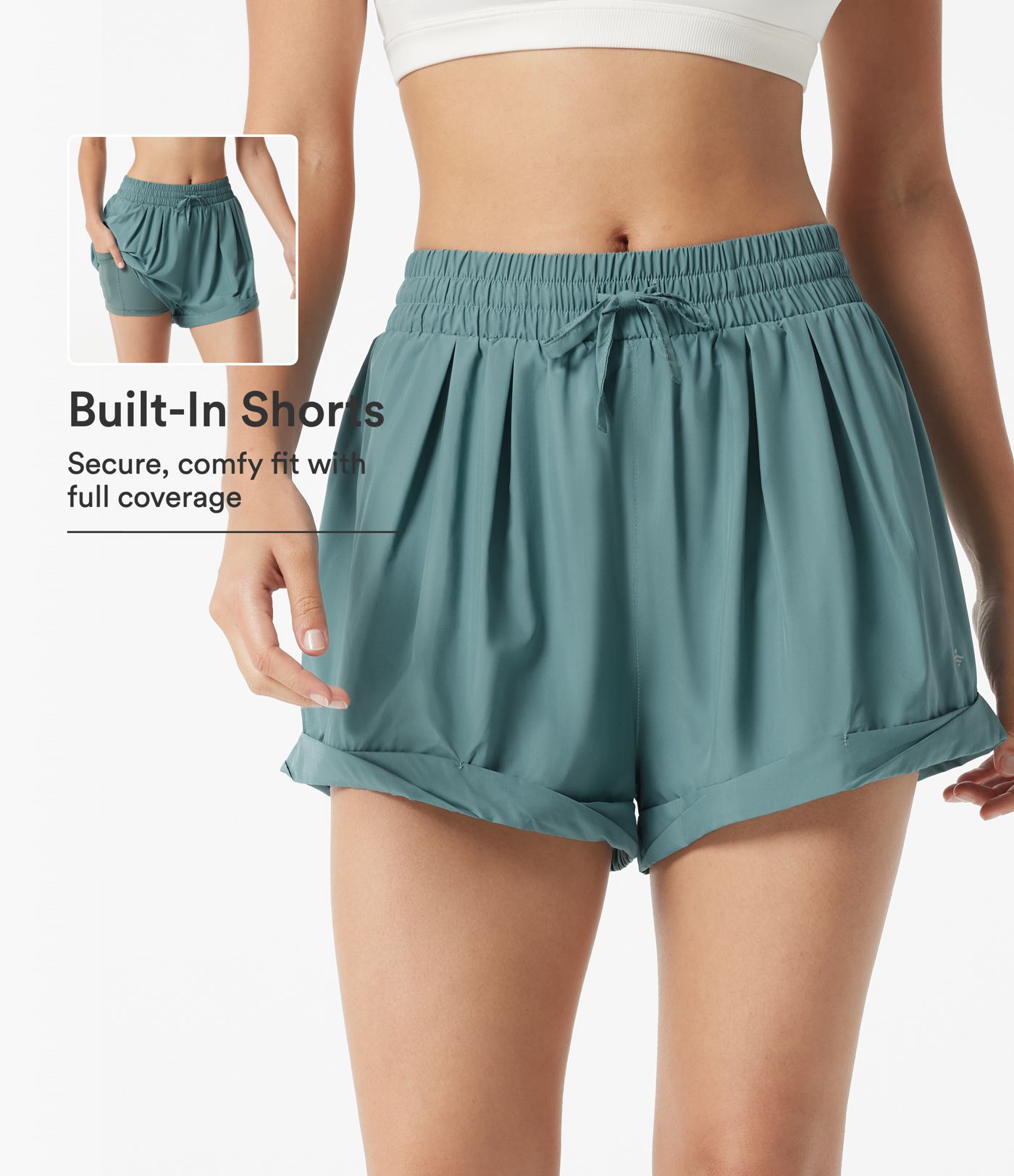 Baggy 2-in-1 Lauf-Shorts mit mittelhohem Bund, Seitentasche und Kordelzug Baggy 2-in-1 Lauf-Shorts mit mittelhohem Bund, Seitentasche und Kordelzug