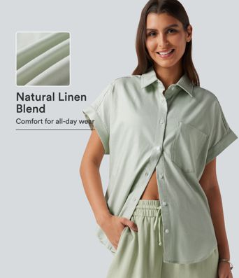 Short Sleeve Casual Cotton Linen Shirt with Pocket Short Sleeve Casual Cotton Linen Shirt with Pocket