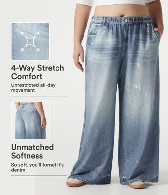 Plus Size Mid Rise Denim Print French Terry Casual Sweatpants Jeans with Pockets Plus Size Mid Rise Denim Print French Terry Casual Sweatpants Jeans with Pockets