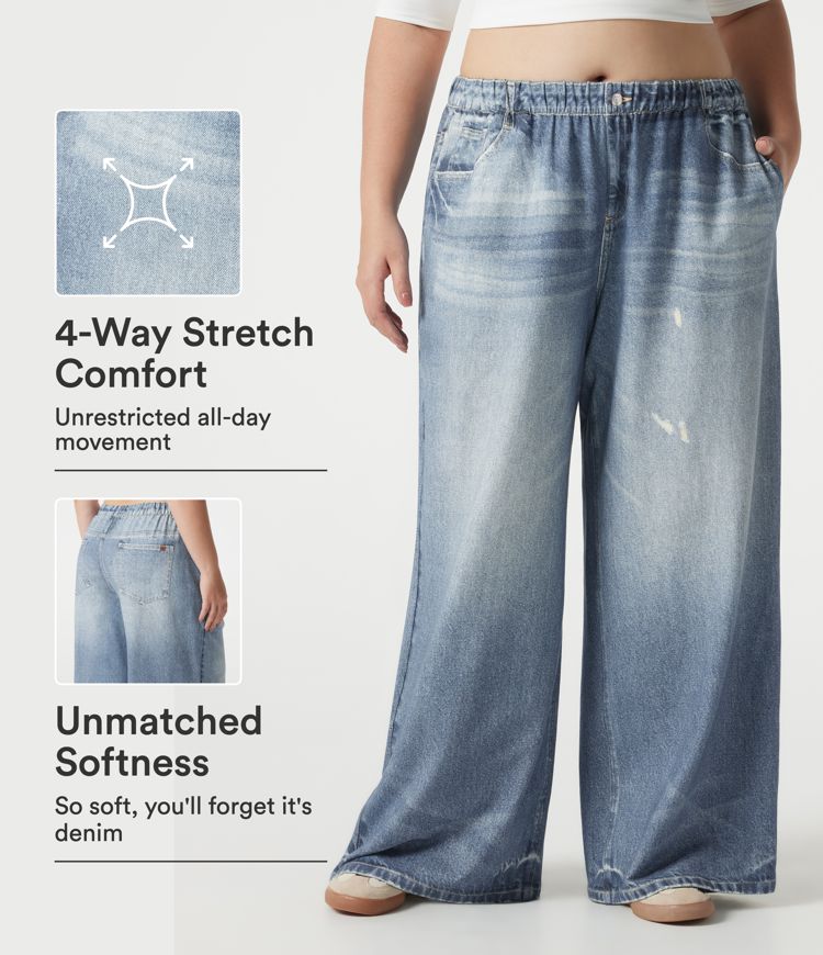 Plus Size Mid Rise Denim Print French Terry Casual Sweatpants Jeans with Pockets Plus Size Mid Rise Denim Print French Terry Casual Sweatpants Jeans with Pockets