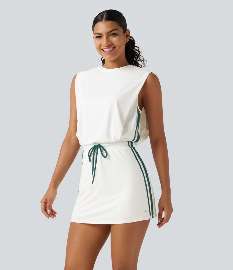 Round Neck Sleeveless Drawstring Side Stripe 2-Piece Cool Touch Mini Workout Active Dress with Pockets-UPF50+