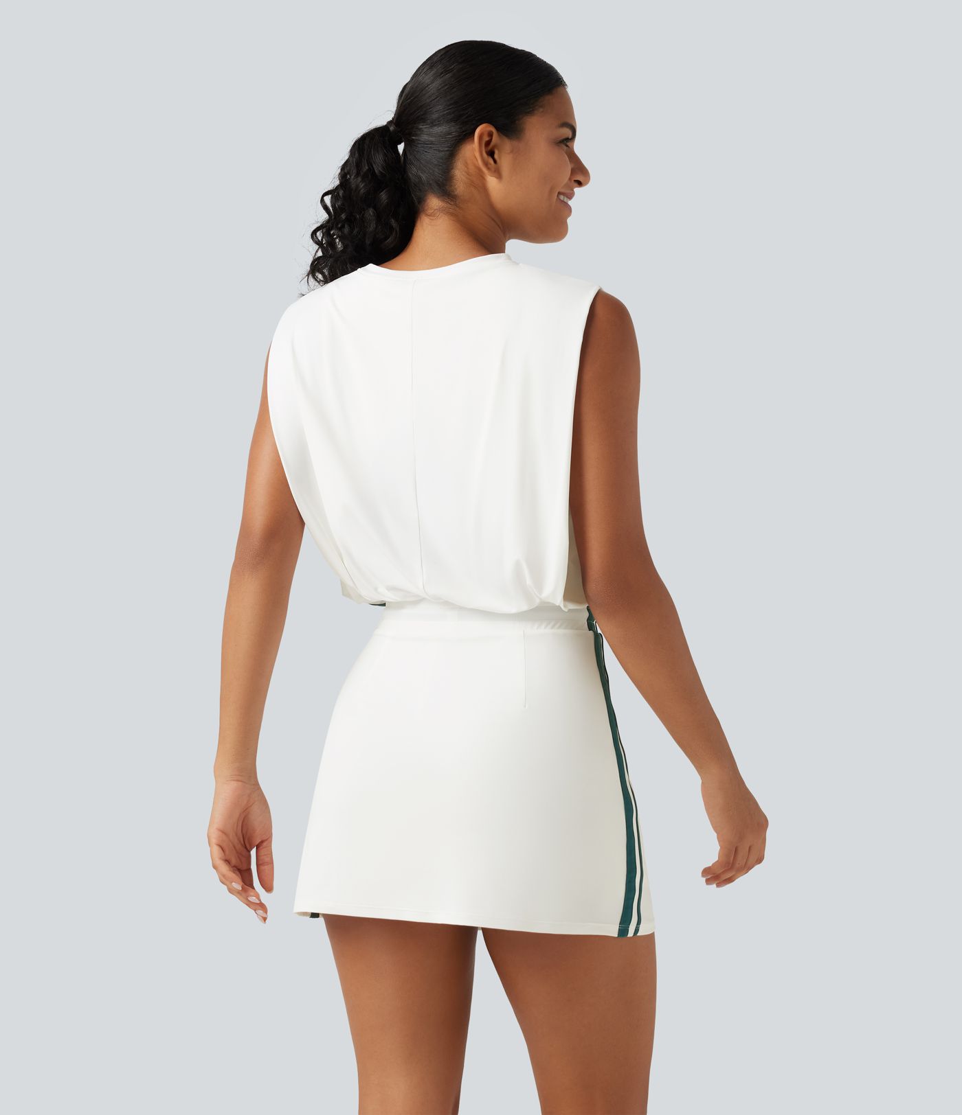 Round Neck Sleeveless Drawstring Side Stripe 2-Piece Cool Touch Mini Workout Active Dress with Pockets-UPF50+