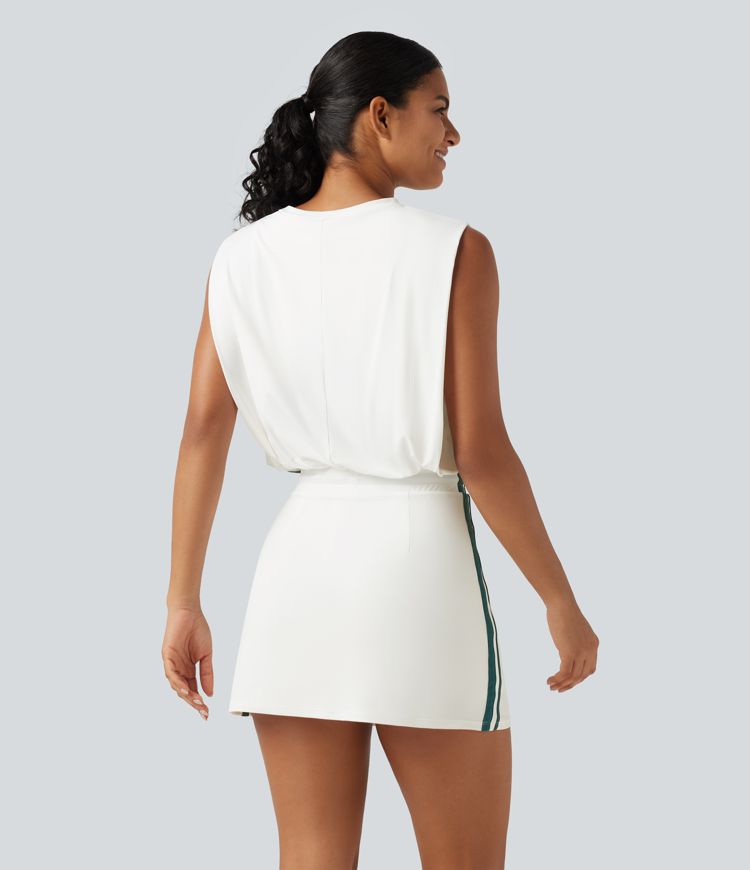 Round Neck Sleeveless Drawstring Side Stripe 2-Piece Cool Touch Mini Workout Active Dress with Pockets-UPF50+