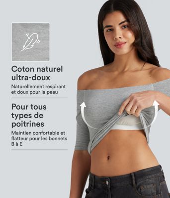 T-shirt décontracté Halara Cotton Jersey épaules dénudées à manches mi-longues, bretelles amovibles et coussinets amovibles, bonnets B à E