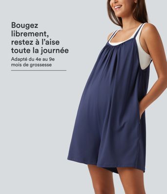 Combishort de maternité uni à bretelles fines , jambes larges et poches