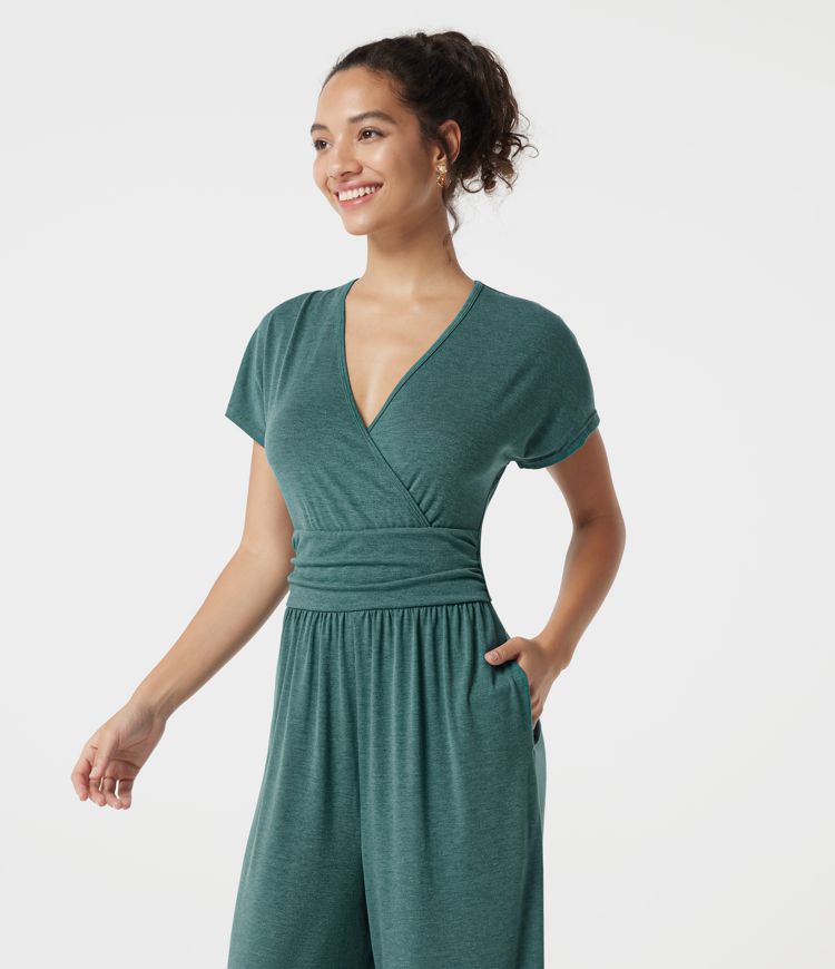 V Neck Batwing Sleeve Ruched Casual Jumpsuit with Pockets-Easy Peezy Edition V Neck Batwing Sleeve Ruched Casual Jumpsuit with Pockets-Easy Peezy Edition