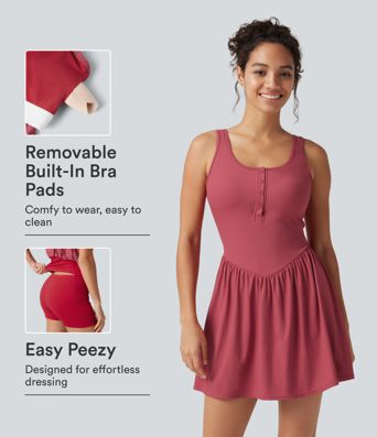 Ribbed Henley Neck Built-in Bra 2-in-1 Mini Tennis Active Tank Dress with Pockets-Easy Peezy Edition