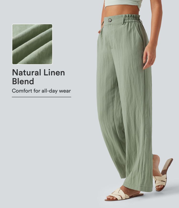 Lässige Hose aus Leinenmischung mit hohem Bund, Seitentaschen und weitem Bein Lässige Hose aus Leinenmischung mit hohem Bund, Seitentaschen und weitem Bein