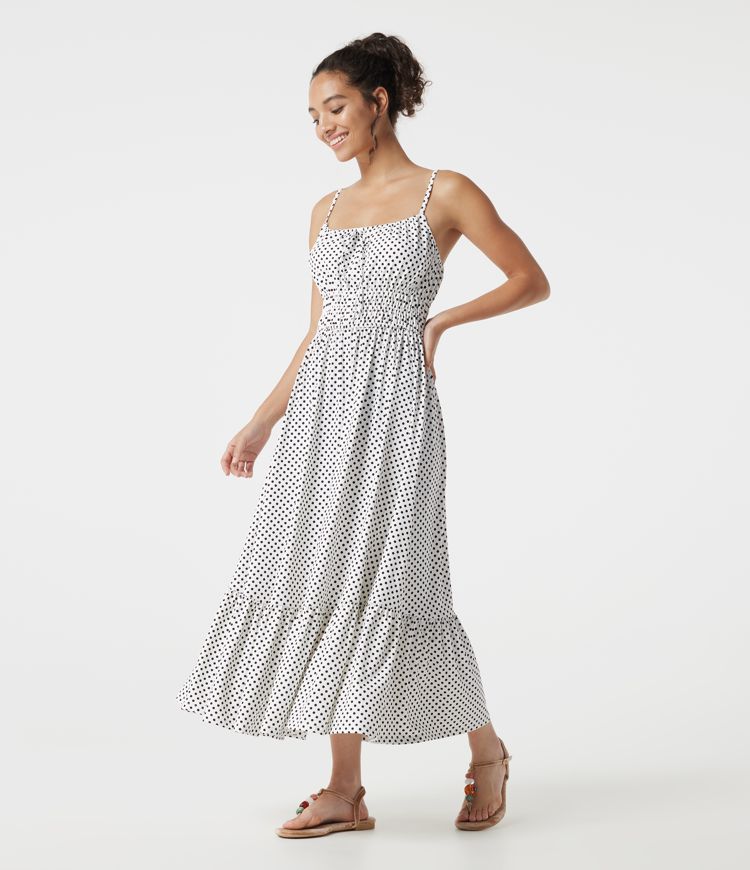 Robe nuisette midi fluide à pois avec lien à nouer à l’avant Robe nuisette midi fluide à pois avec lien à nouer à l’avant