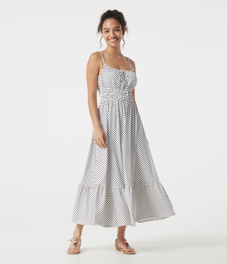 Robe nuisette midi fluide à pois avec lien à nouer à l’avant Robe nuisette midi fluide à pois avec lien à nouer à l’avant