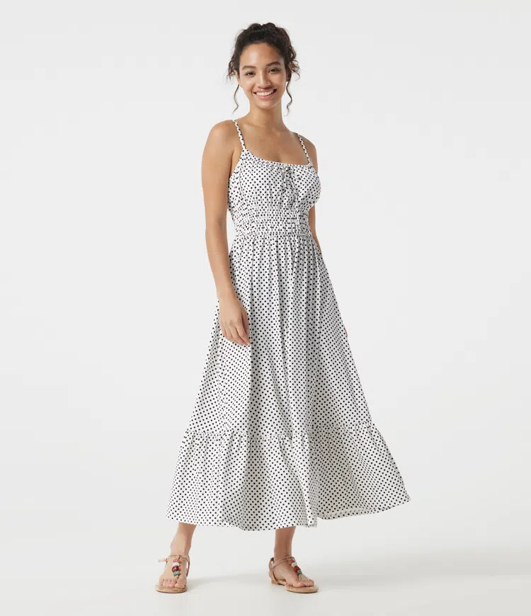Snow Dots Fließendes Midi-Slipkleid mit Punkten und vorderer Bindung, lässig / 1