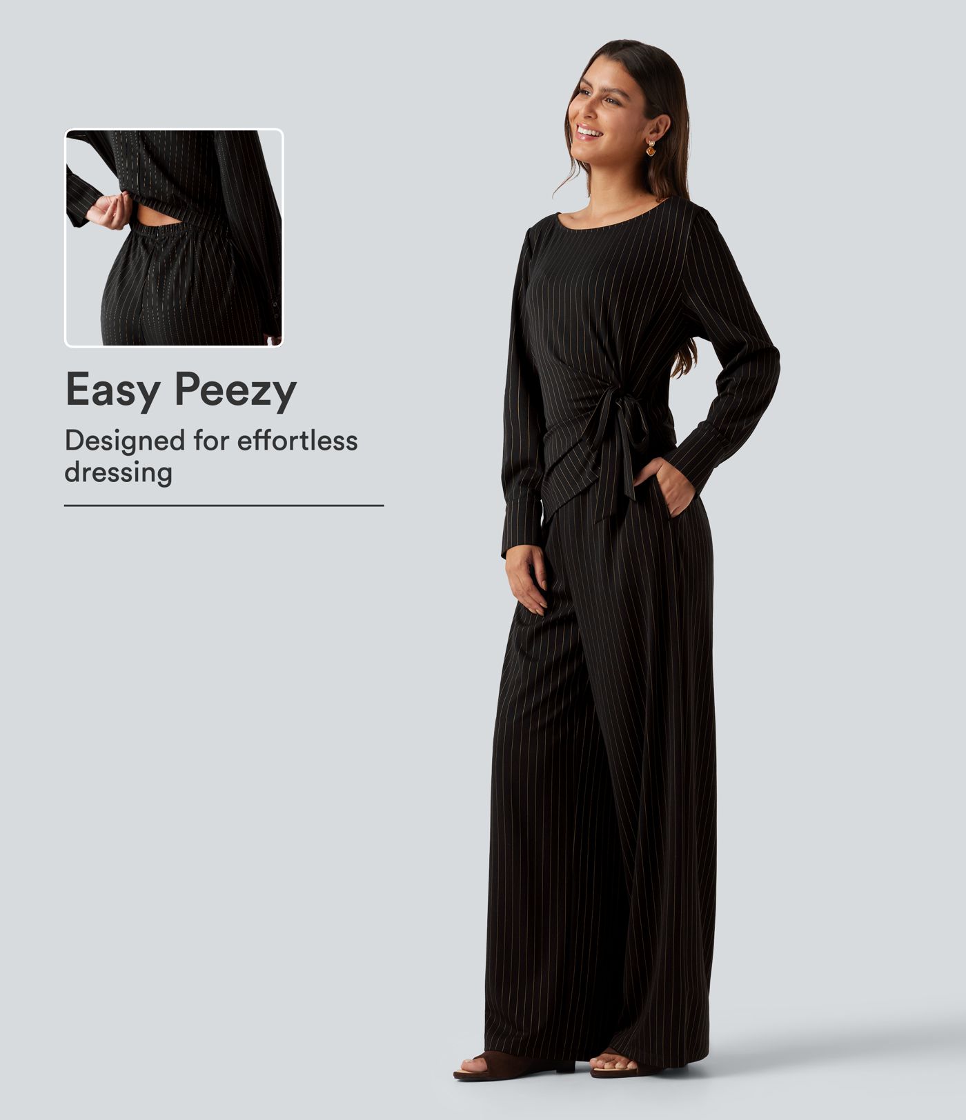 Boat Neck Long Sleeve Tie Side Cool Touch Stripe Work Jumpsuit with Pockets-Easy Peezy Edition Boat Neck Long Sleeve Tie Side Cool Touch Stripe Work Jumpsuit with Pockets-Easy Peezy Edition