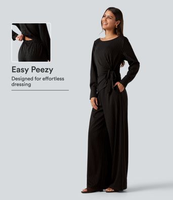 Boat Neck Long Sleeve Tie Side Cool Touch Stripe Work Jumpsuit with Pockets-Easy Peezy Edition Boat Neck Long Sleeve Tie Side Cool Touch Stripe Work Jumpsuit with Pockets-Easy Peezy Edition